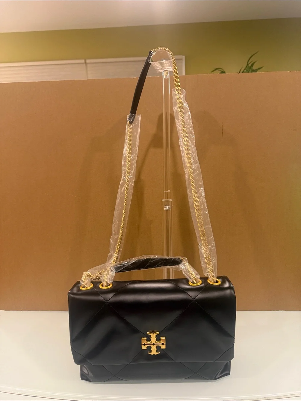 Tory Burch Black Quilted Leather Shoulder Bag with Gold Logo Chain